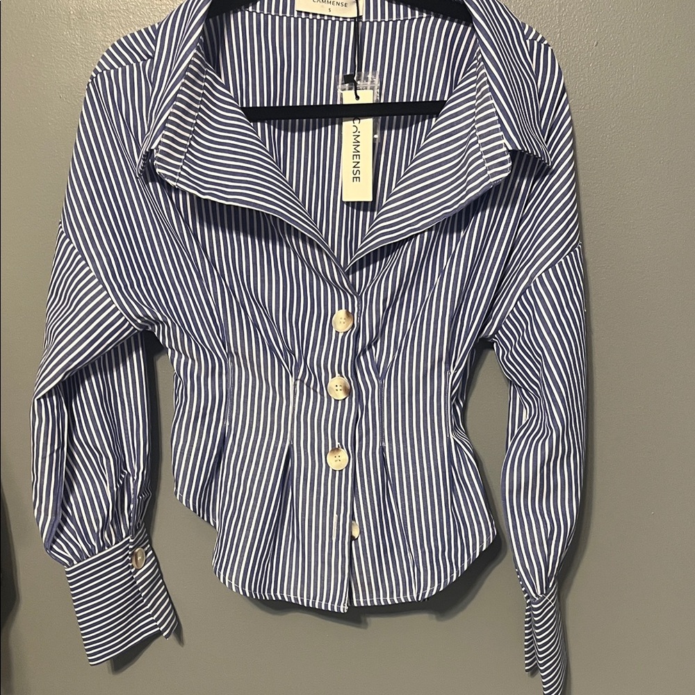 Commense Blue and White Vertical Stripe Button-Down Shirt